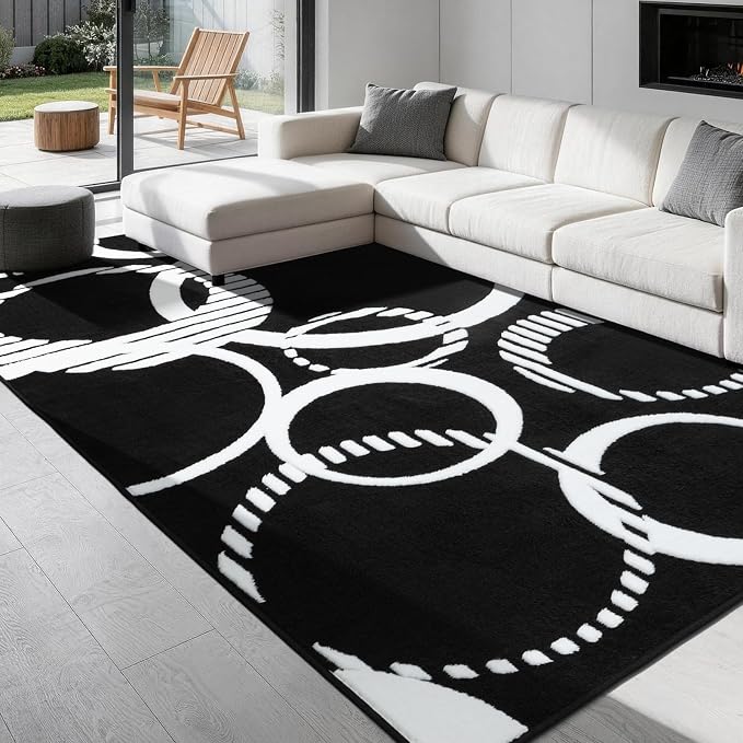 YIHOUSE Washable Black and White Living Room Rug 6x9 Area Rugs Non Slip | High and Low Pile Soft Rugs for Bedroom Dining Room, Soft Modern 3D Textured Carpet for Playroom Home Office Decor