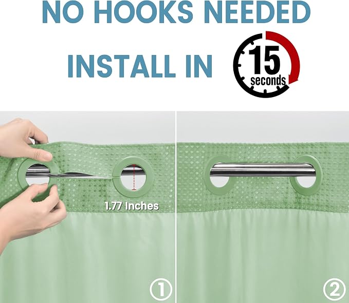 EUTXL Heavyweight Mint Green No Hook Shower Curtain with Snap in Liner,256GSM Waffle Weave Shower Curtains for Bathroom,71W x 74H