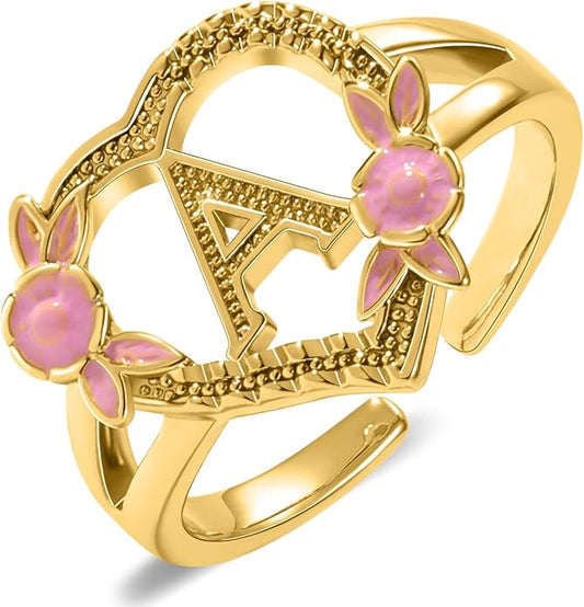 Gold Initial Rings for Women - Non Tarnish Dainty 14K Gold Plated Heart Adjustable Letter Rings for Women, Stackable Cute Thumb Pinky Fashion Open Simple Birthday Gifts Jewelry