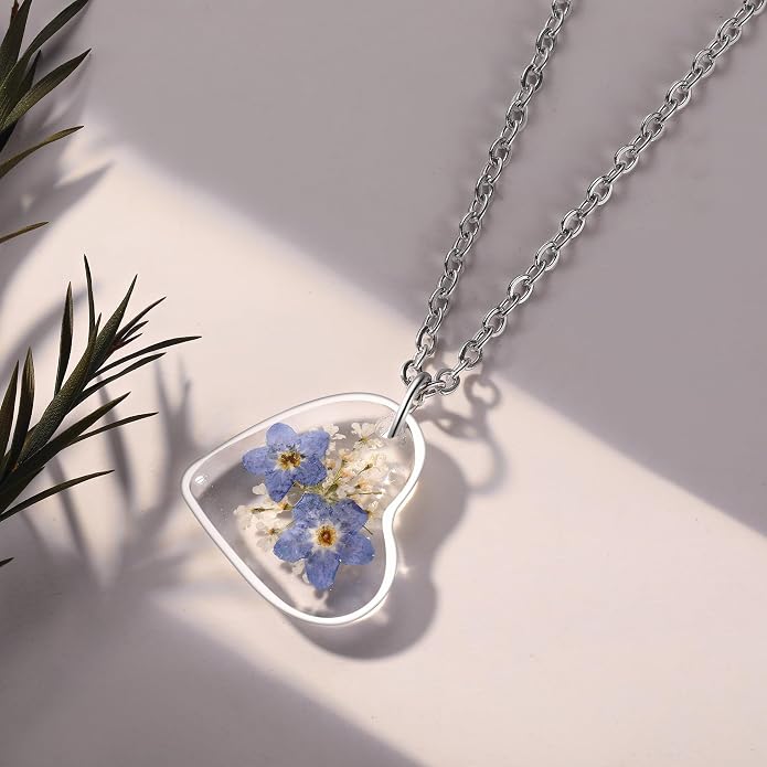 AUNTESIGN Forget-Me-Not and Queen Anne's Lace Pressed Wildflower Necklace | Birth Month Flowers Necklace | Gold/Silver Pressed Flower Jewelry | Mother's Day | Gift For Her