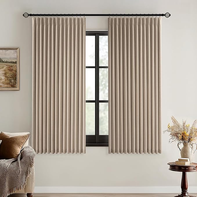MIULEE Copper Brown Pinch Pleated 100% Blackout Linen Curtains for Bedroom, Room Darkening Memory Trained Light Blocking Window Curtain 63 inches Long for Living Room, Black Out Pleat Drapes, 2 Panels