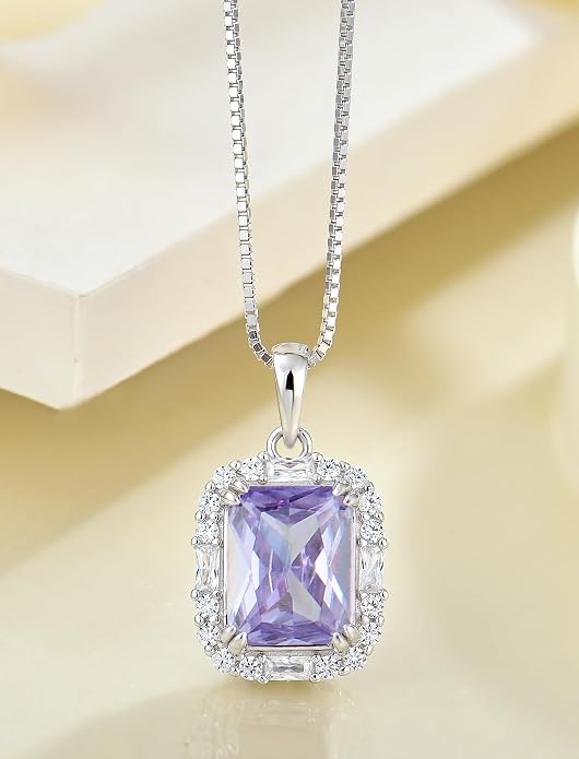 Princess Cut Necklaces for Women, 925 Sterling Silver Emerald Cut Birthstone Pendant Necklace Halo Square Rectangle Jewelry Gifts for Her