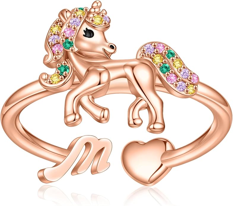 Unicorn Initial Rings for Teen Girls, Rose Gold/White Gold Plated Heart Initial Rings for Girls Adjustable Stackable Rings for Women Diny Heart Ring for Teen Girls Gifts Unicorns Gifts for Girls