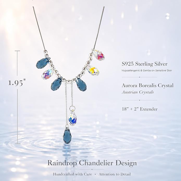 925 Sterling Silver Handmade Crystals Rain Drop Tassel layered Pendant Boho necklace statement Chandelier shape Lobster Clasp Length Choker 18"+2" Ideal Gift for Women Ladies Dress accessories.