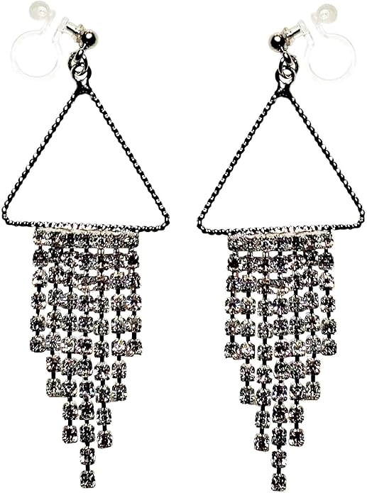 Dangle Silver Invisible Clip On Earrings for Women Not Pierced Gold Crystal Rhinestone Comfortable Hoop Fringe Long Chain Clip On Earrings