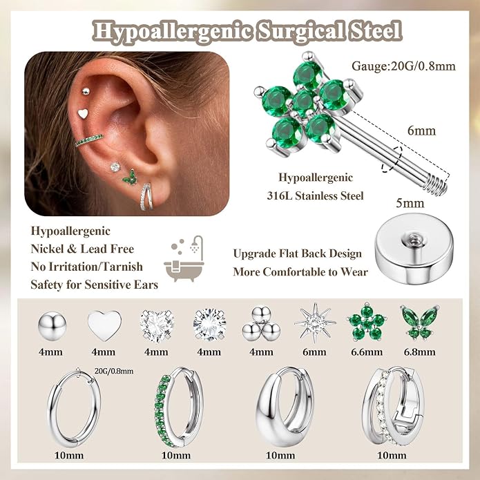 Jstyle Hypoallergenic 14K Gold Plated Stud Hoop Earrings for Women Men Surgical Stainless Steel Flat Back Earrings Small Huggie Hoops Cartilage Earring Set for Multiple Piercing Jewelry Gift for Women
