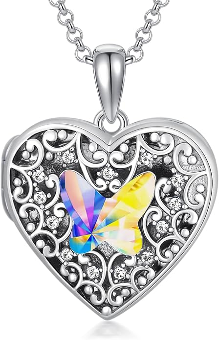 Dorunmo Personalized Locket Necklace 925 Sterling Silver that Holds Pictures Butterfly Birthstone Photo Heart Locket Custom Jewelry Congratulations New Beginnings New Job Gifts for Women
