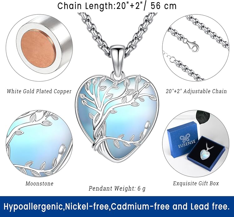 Eusense Tree of Life Necklace for Women White Gold Plated Copper Moonstone/Turquoise/Black Onyx/Crystal Birthstone Pendant Jewelry Gifts for Women Men