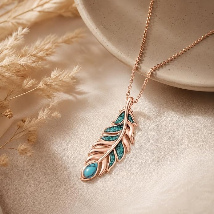 Feather Necklace White Gold Boho Jewelry Nature Inspired Statement Birthstone Pendant Gifts for Women