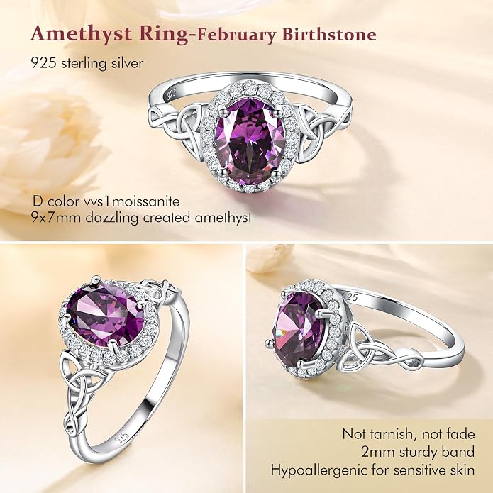 DAYBYDAY Celtic Birthstone Rings for Women 925 Sterling Silver Heart/Round/Pear/Oval Created Gemstone Moissanite Halo Engagement Promise Rings for Her Wife Birthday Anniversary Wedding Jewelry