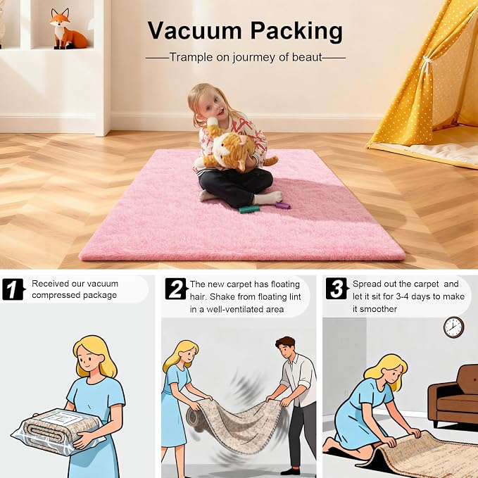 Pink Rug for Bedroom, 4x6 Fluffy Area Rugs for Living Room, Small Fuzzy Shag Soft Non-Slip Carpet for Kids Girls and Boys Nursery Dorm Indoor Room Home Decor (4ft X 6ft, Pink)