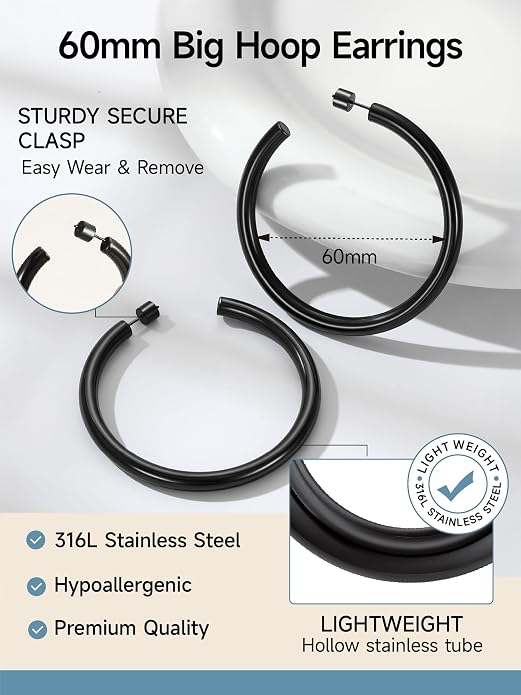 Stainless Steel Chunky Hoop Earrings For Women, Minimalist and Chic, Black/Gold Plated, Round Hoops Earrings Hypoallergenic, Size: 30mm/40mm/60mm/80mm, Come with Box