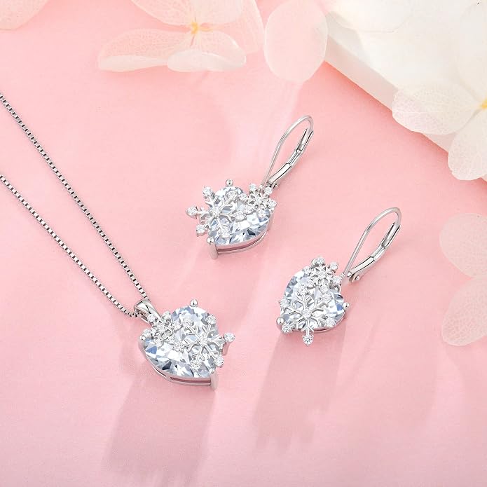 Snowflake Necklace for Women 925 Sterling Silver Heart Birthstone(White/Aquamarine/Sapphire/Pink) Pendant Necklaces Cubic Zirconia Winter Christmas Jewelry