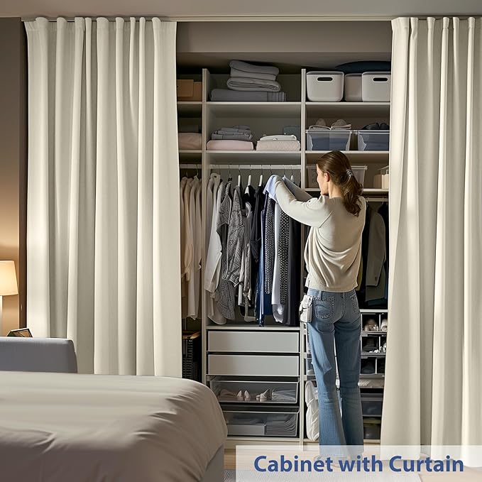 Room Divider Ceiling Mounted Curtains Track Sets Extra Wide Blackout Curtain Flexible Tracks for Bedroom Privacy Partition Separator, 1 Panel Beige Drape and White Rail, W8.3 x H7ft