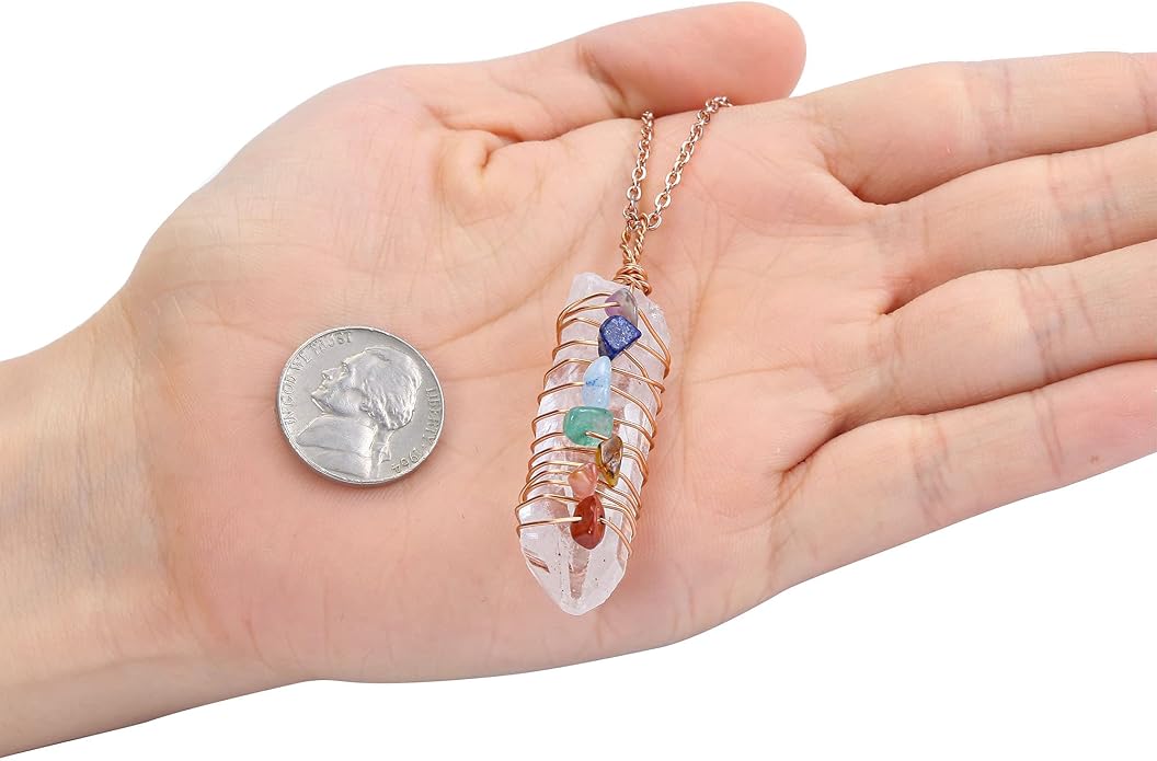 GEHECRST Natural Raw Clear Quartz Point Pendant Necklace Reiki 7 Chakra Healing Crystal Gemstone Chips Rose Gold Copper Wires Wrapped Necklace for Men, Women