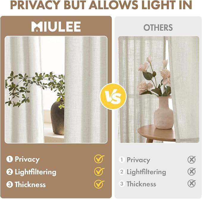 MIULEE Thick Linen Curtains, 42Wx72L, Neutral Ivory Semi Sheer | Linen Textured Light Filtering Window Privacy Drapes with Rod Pocket for Farmhouse/Living Room/Bedroom, Set of 2