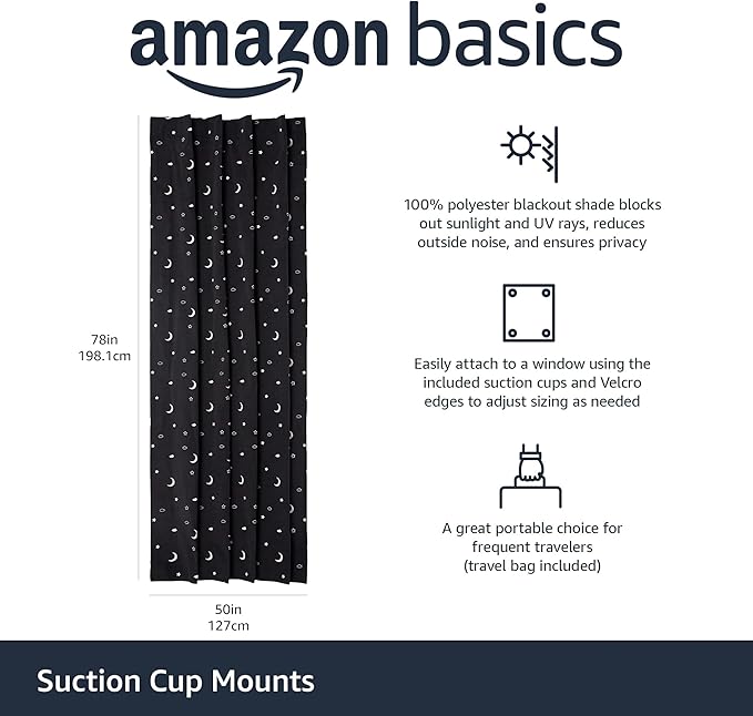 Amazon Basics Portable Room Darkening Blackout Curtain Shade with Suction Cups, Noise Reduction, 50"W x 78"L, Moon and Stars, 1-Pack
