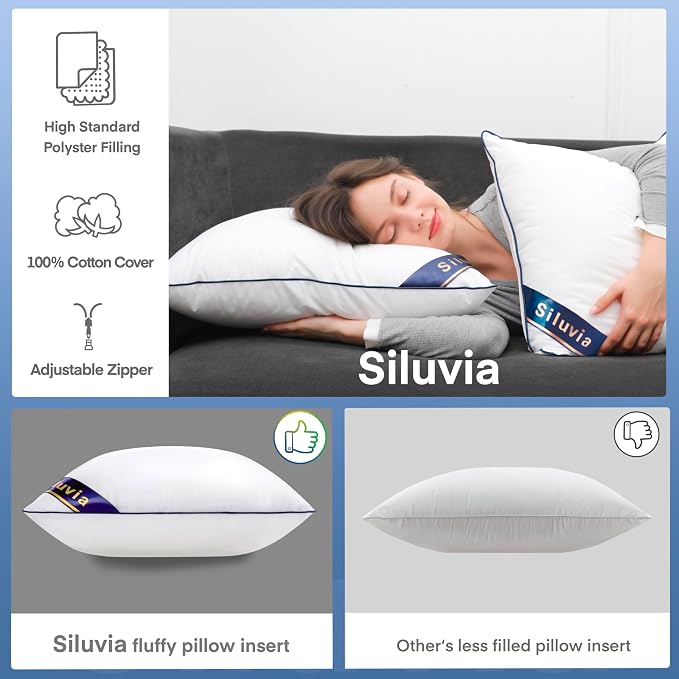 Siluvia 22"x22" Pillow Insert Set of 2 Square Throw 22 Pillows with 100% Cotton Cover for Sofa, Couch, and Bed - White | 100% pure cotton cover, soft and breathable