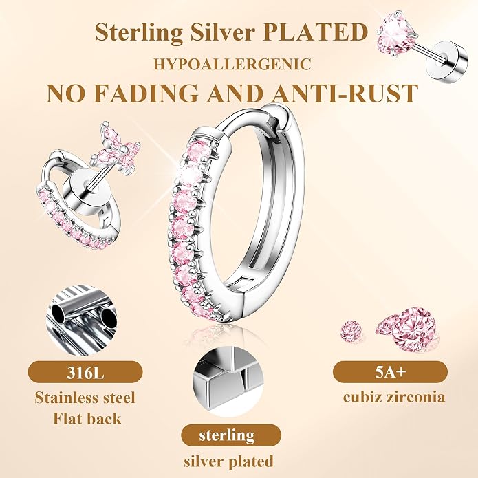 Hypoallergenic 14K Gold Stud Earrings Set for Women Surgical Stainless Steel Flat back Earrings Small Gold Huggie Hoop Earring for Sensitive Ears Screw Back Cartilage Piercing Jewelry