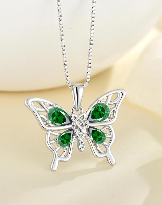 Butterfly Necklace 925 Sterling Silver Celtic Knot Pendant Teardrop Birthstone Twisted Jewelry for Women