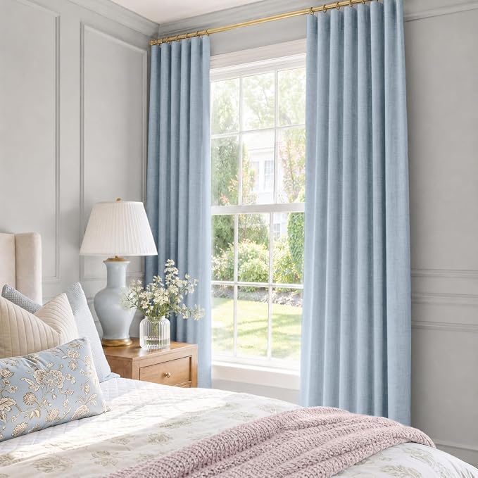 INOVADAY 100% Blackout Curtains for Bedroom, Chambray Blue Black Out Curtains 102 Inch Long, Clip Rings Linen Blackout Drapes, Thermal Insulated Room Darkening for Living Room, 2 Panels - W50xL102