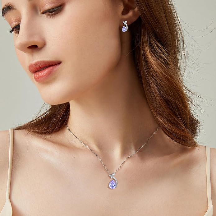Teardrop Birthstone Necklace for Women,925 Sterling Silver Pear Cut Zircon Gemstone Pendant Necklace for Birthday Engagement Anniversary Wedding Jewelry