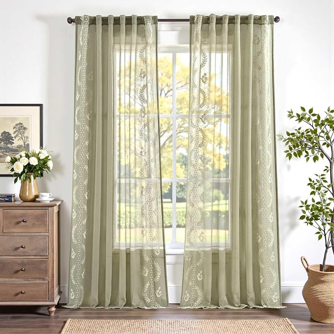jinchan Belrose Sage Green Floral Sheer Curtains for Living Room 96 Inch Long Voile Embroidered Farmhouse Curtains for Bedroom Ivory Flower Patterned Rod Pocket Window Treatments, 2 Panels Green