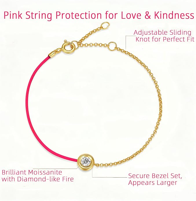 MISS mimi 18K Gold Plated Moissanite Bracelet for Women, 925 Sterling Silver Bezel Set Dainty Cord Jewelry, Adjustable Layering Friendship Gift