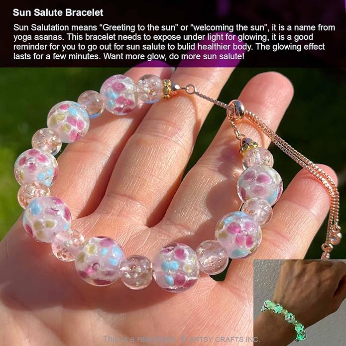 ARTSY Crafts Lily Garden Glow in the Dark Firefly Bead Bracelets Necklaces, Handmade in USA Murano Glass Jewelry, Flower Luminous Beads Mermaid Crystal Bracelet Bangle