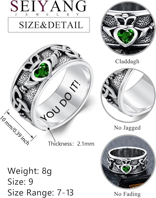 Seiyang Claddagh Ring 925 Sterling Silver Celtic Ring Jewelry Irish Band Gift for Men Women (with Gift Box)
