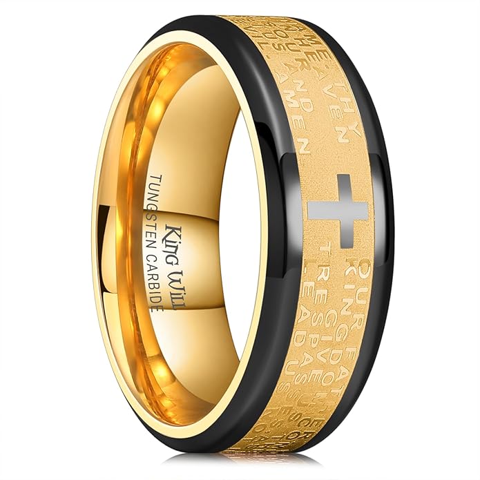 King Will Stainless Steel Men Ring Lord's Prayer Cross Ring Stainless Steel Men Wedding Ring, Wedding Band Bible Engraved Rings High Polished, Comfort Fit