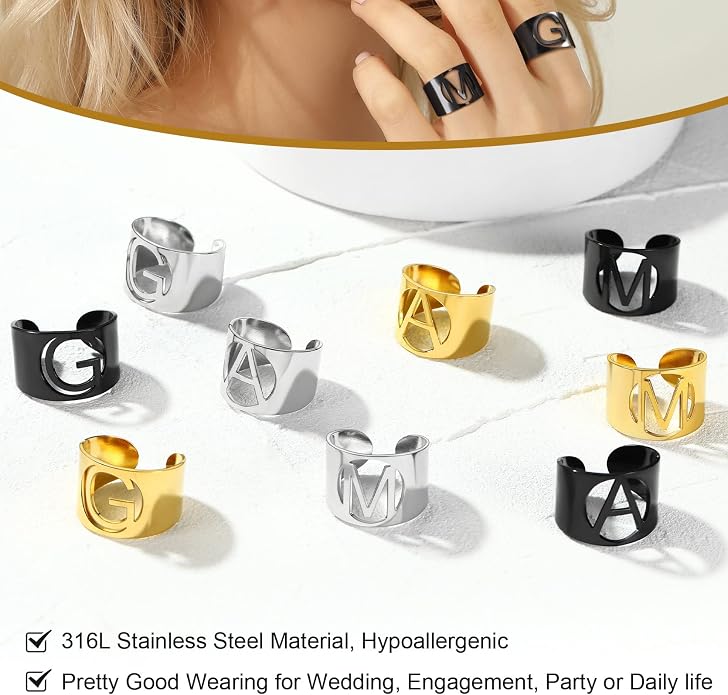KeyStyle Bold Initial Letter Rings Adjustable, GoldChic Jewelry Women Gold Statement Ring Personalized Engraved Women’s Open Signet Ring for Party (Gold, White Gold, Black)