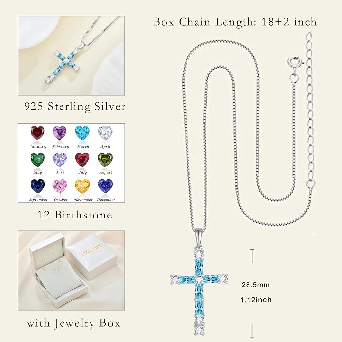 Birthstone Cross Necklace for Women 925 Sterling Silver Christian Religious Crucifix Pendant Rectangular Cut Birthstone Jewelry Gifts for Her