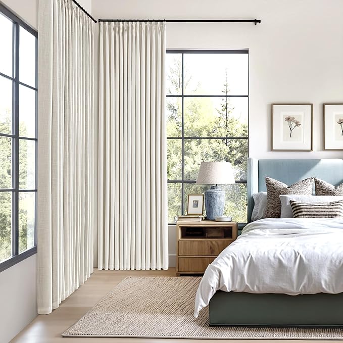 MIULEE Beige White Pinch Pleated 100% Blackout Linen Curtains for Bedroom, Room Darkening Memory Trained Window Curtains 102 inches Long for Living Room, Black Out Pleat Drapes, 2 Panels