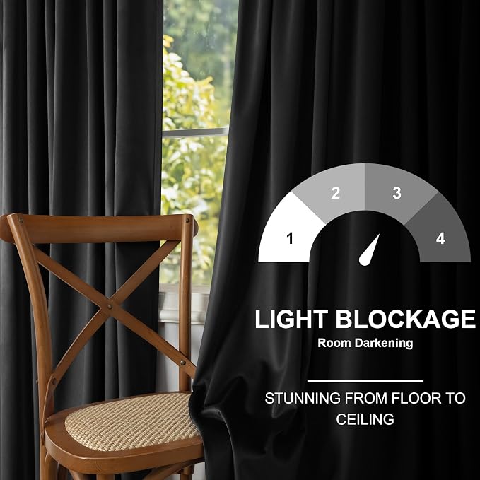 Black Velvet Curtains for Living Room 84 Inch Length 2 Panel Back Tab Pocket Thick Luxury Living Room Darkening Light Blocking Thermal Insulated Black Out Long Drape for Bedroom Halloween Gothic Decor