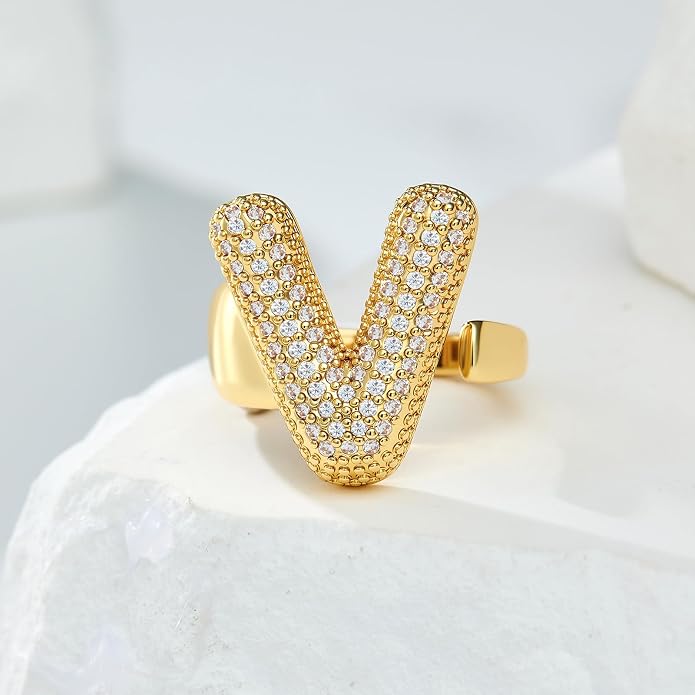Cicy Bell Initial Rings for Women 14k Gold Plated Cubic Zirconia Delicate Letter Chunky Statement Open Rings Gifts for Her
