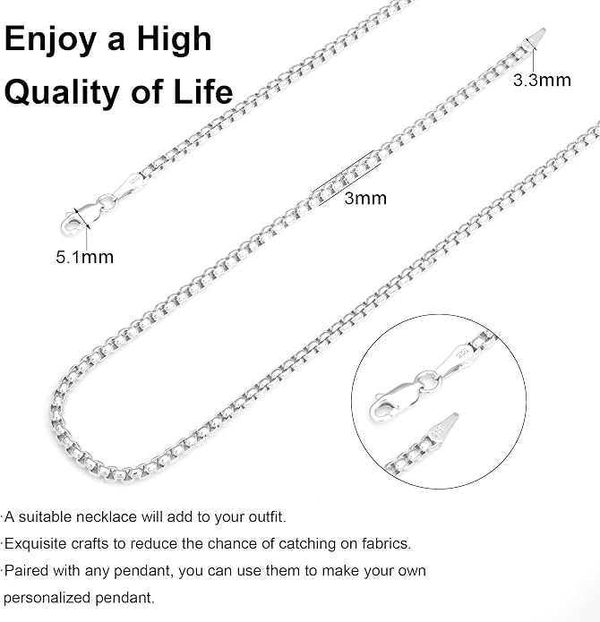 nometo Solid 925 Sterling Silver Box Chain Rope Chain Lobster Clasp Silver Chain for Men Silver Necklace Chain for Women 16/14/20/22/24/26/30 Inches