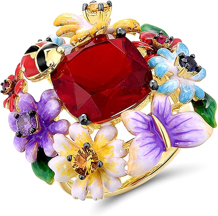 Santuzza 925 Sterling Silver Enamel Flower Ring for Women