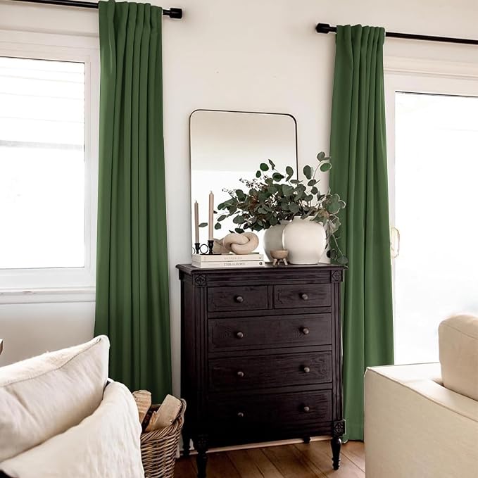 INOVADAY 100% Blackout Curtains 90 Inches Length 2 Panels Set, Back Tab/Rod Pocket Linen Black Out Curtains for Bedroom, Thermal Insulated Window Drapes - Moss Green, W50 X L90