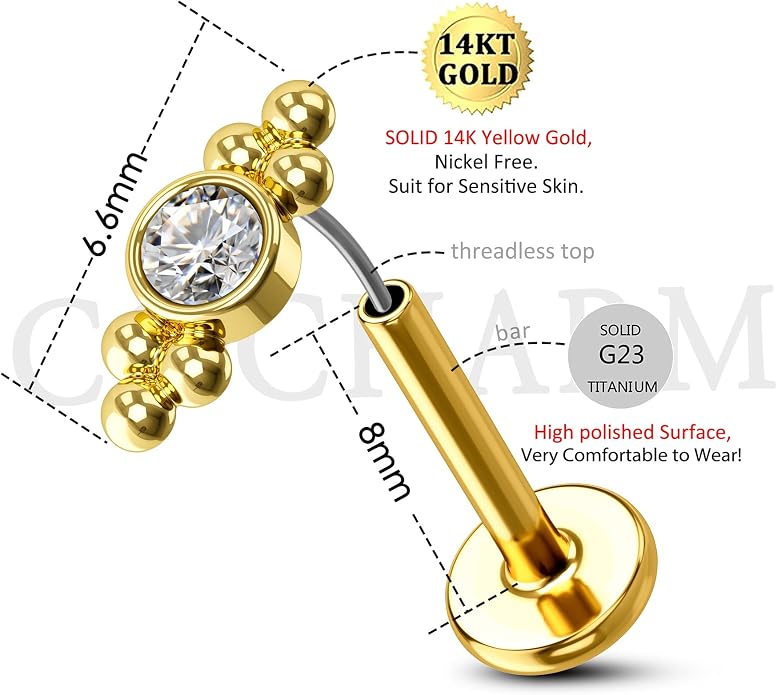COCHARM 14K Solid Gold Cartilage Earring Stud 16g Yellow Gold Flat Back Helix Stud 14K Gold Push in Tragus Earring Stud Threadless Labret Stud Labret Rings