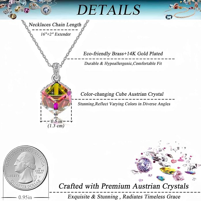 EVEVIC Color Changing Cubic Austrian Crystal Pendant Necklaces for Women 14K Gold Plated Hypoallergenic Jewelry