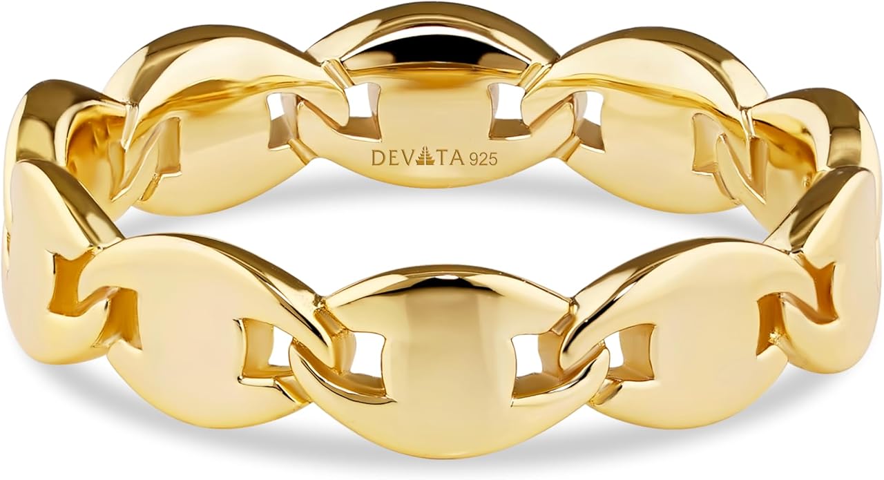 DEVATA Gold or Rhodium Plated Sterling Silver 925 – Eternity, Band Ring for Women – Heart, Knot, Clover, Infinity, Mariner, Cable, Curb, Cuban, Figaro, Daisy, Rope, Ribbed, Dome