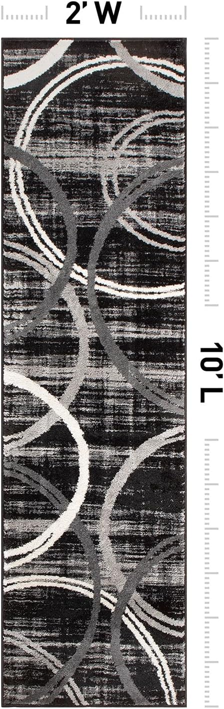 Rugshop Wavy Circles Modern Fade-Resistant Runner Rug Black 2' x 10'