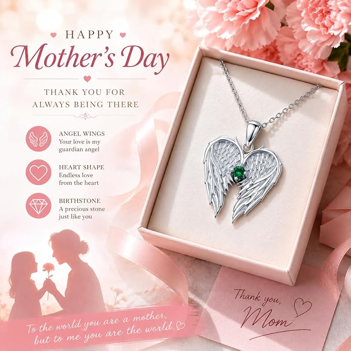 Dorunmo Guardian Angel Wing Pendant Birthstone Heart Necklace Birthday Jewelry Gifts for Women Mom Wife Daughter