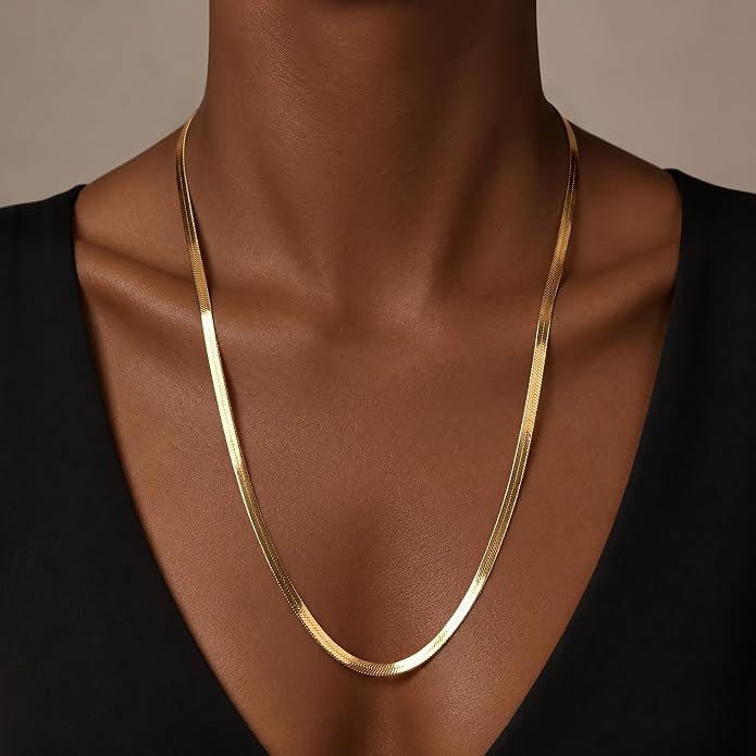WomenGifts 14K Gold Silver Plated Herringbone Necklace for Women, Dainty Snake Chain Choker, Trendy Simple Long Layered Jewelry Non Tarnish, 3/4/5/8mm,14,16,18,20,22,24,26 Inch Thin & Chunky Options