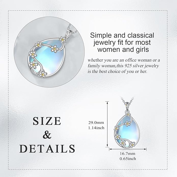 YAFEINI 925 Sterling Silver Moonstone Necklace Filigree Teardrop Pendant Necklace Jewelry for Women Girls