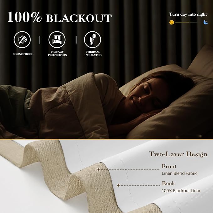 IVAPUPU Sand Pinch Pleated Full Blackout Linen Curtains for Bedroom, Black Out Curtains 84 Inches Long for Living Room Darkening Thermal Insulated Neutral Pleat Drapes with 16 Hooks, 2 Panels