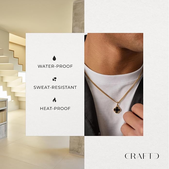 CRAFTD - Black Onyx Clover Stone Pendant Necklace - A Symbol of Luck - 20.5" (2mm) Cuban Link Chain - Mens Jewlery - Hypoallergenic - Waterproof, Heat & Sweat Resistant