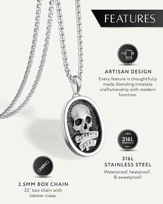 RTZN® Pendant Necklace for Men – Premium Stainless Steel Silver Pendant Necklace with 22" Chain – Waterproof & Non-Tarnish Small Pendants for Men – Bold Symbols of Strength & Legacy