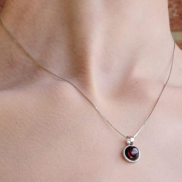 Natural gemstone 8mm round pendant with white gold over 925 sterling silver bezel cabochon plate and box chain, real genuine dainty birthstone gift for her, uniquelan jewelry